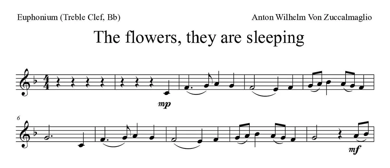《The flowers, they are sleeping》上低音号（高音谱号，降B调）乐谱前几行