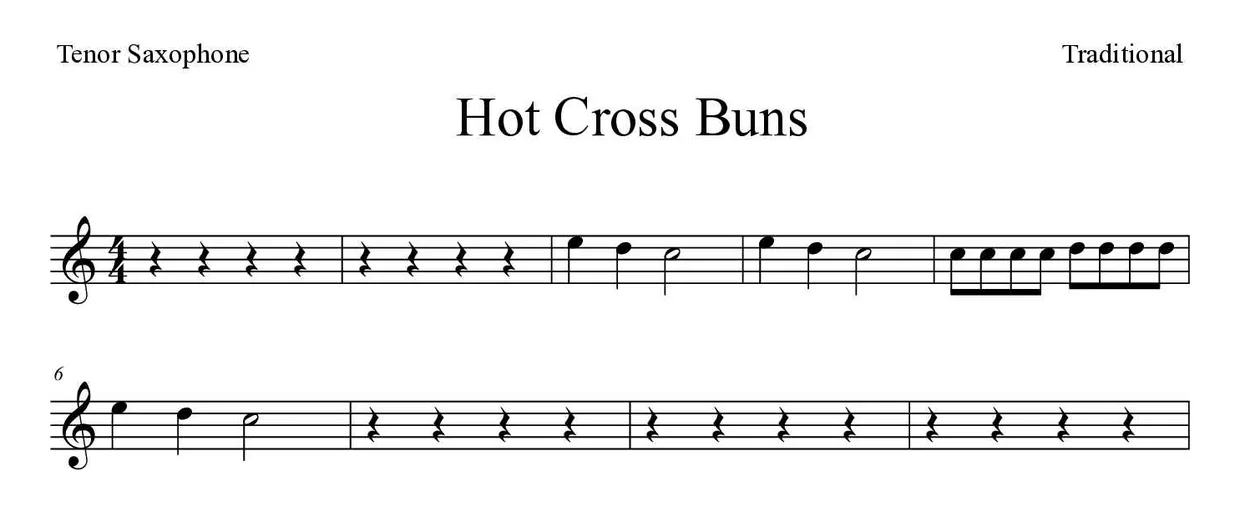 Bladmuziek van Hot Cross Buns voor tenor saxophone, eerste regels