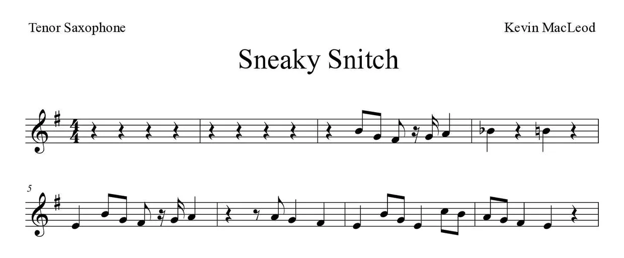 「Sneaky Snitch」Tenor Saxophone用楽譜の最初の数段