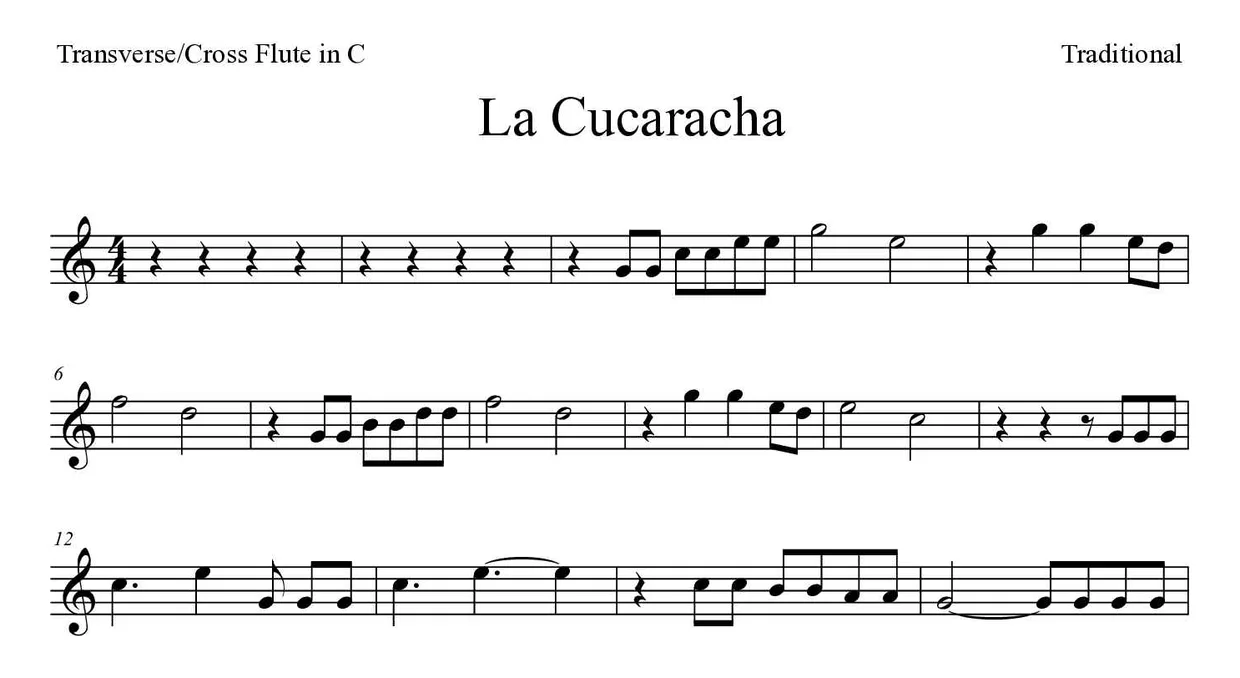 Noten von La Cucaracha für Querflöte (Einfach), erste Zeilen