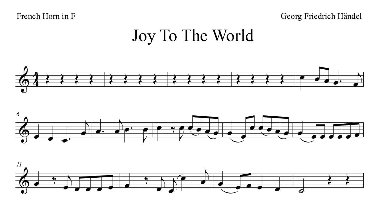「Joy to the World」French Horn用楽譜の最初の数段