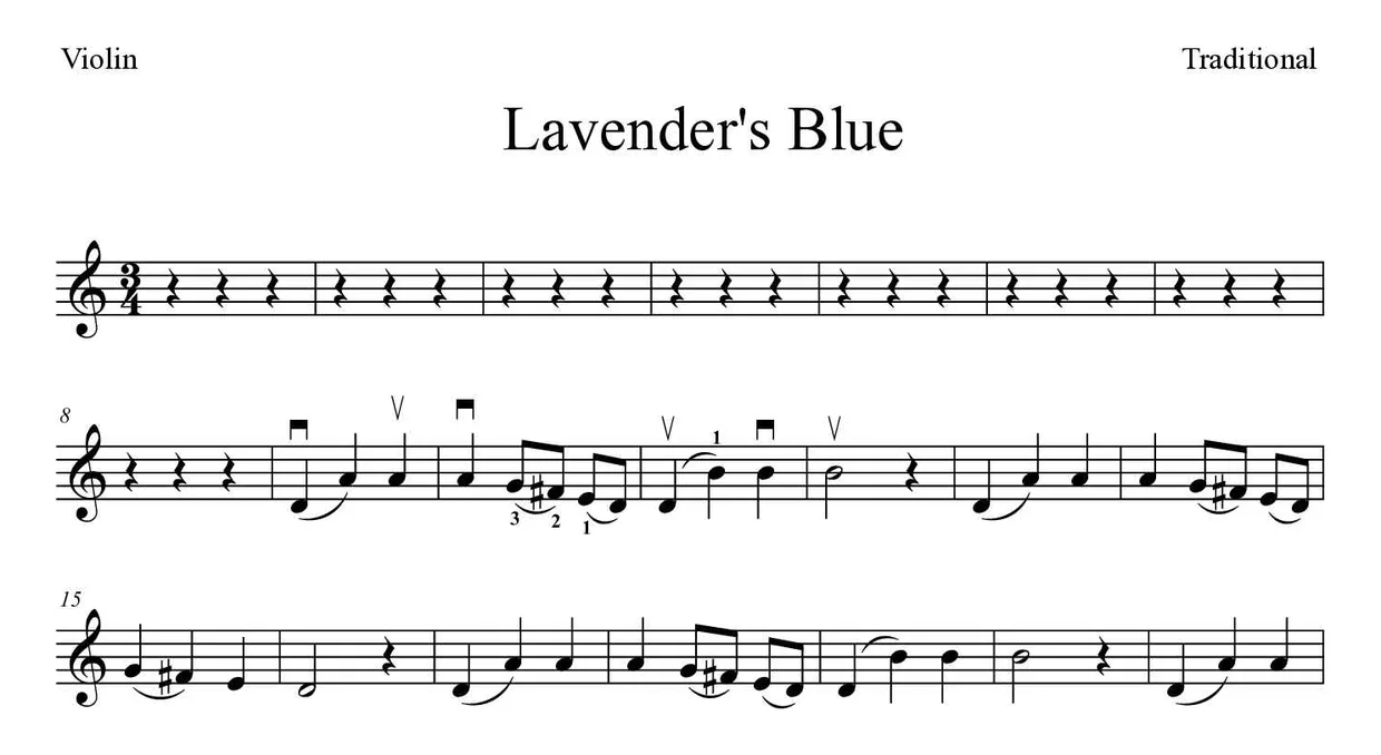 Partitura de Lavender's Blue para violín, primeras líneas
