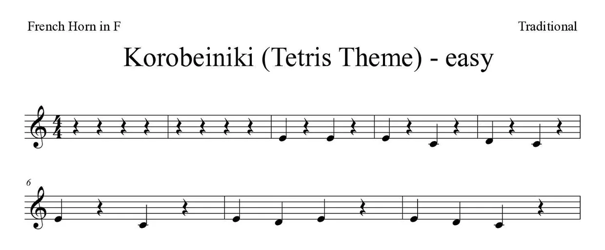 Noten von Korobeiniki (Tetris Theme) - einfach für Horn (Einfach), erste Zeilen