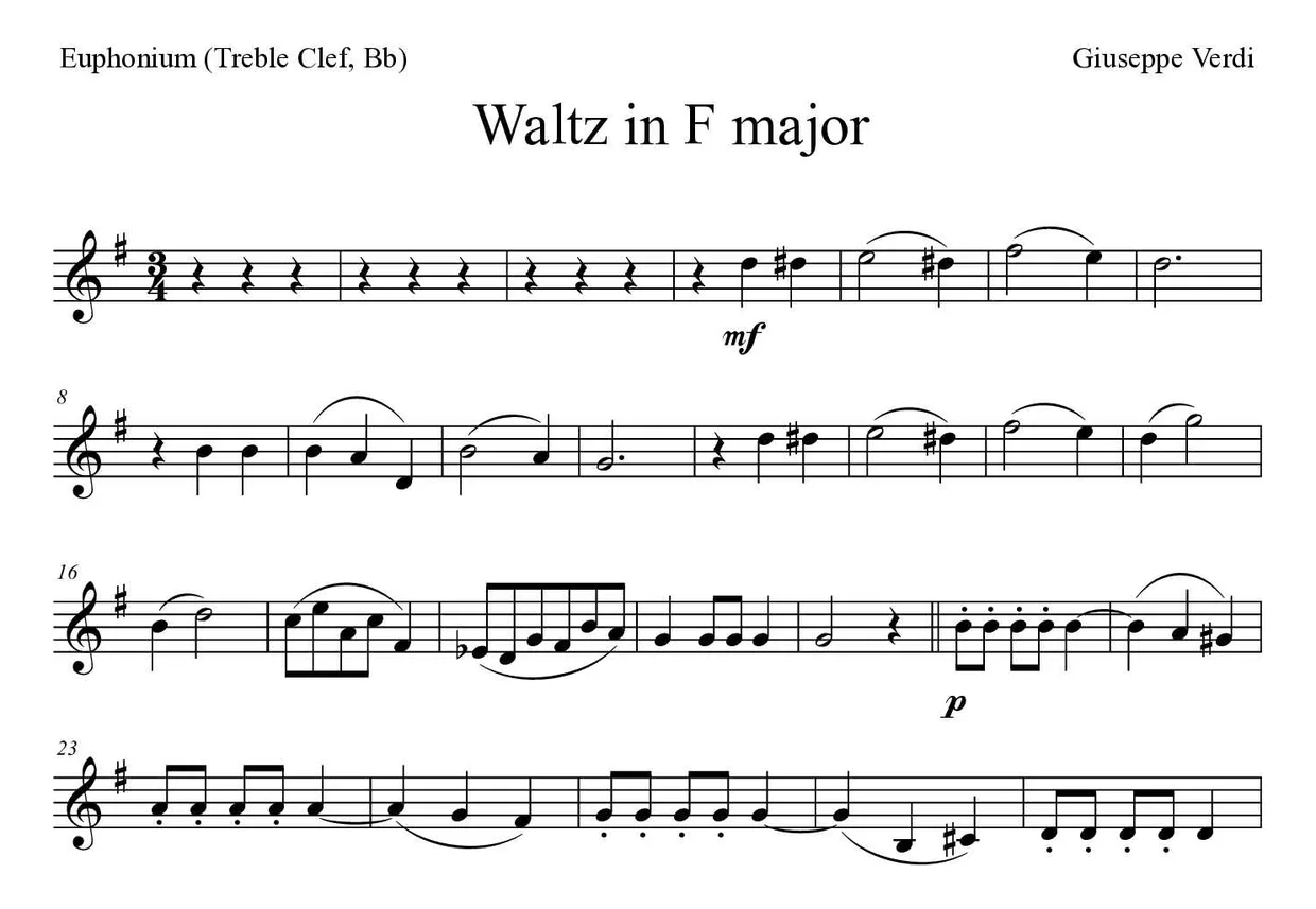 Noten von Walzer in F für Euphonium (Violinschlüssel, B) (Schwer), erste Zeilen
