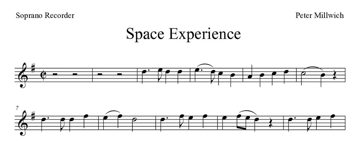 Partitura de Space Experience para flauta dulce, primeras líneas