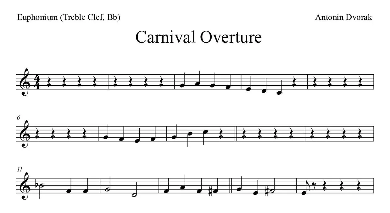 「Carnival Overture」Euphonium (Treble Clef, Bb)用楽譜の最初の数段