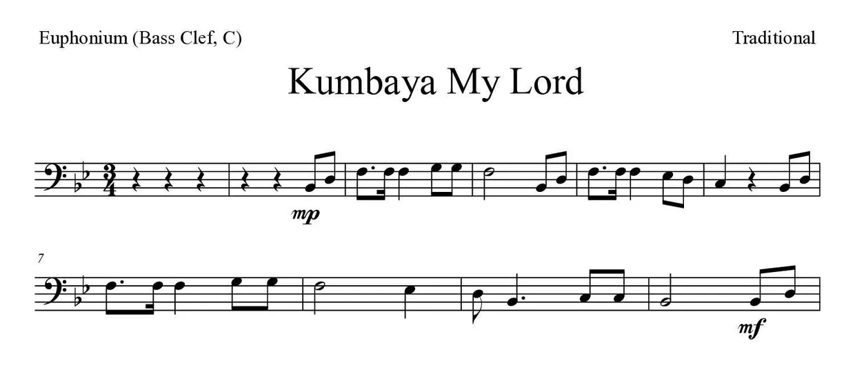 「Kumbaya My Lord」Euphonium (Bass Clef, C)用楽譜の最初の数段