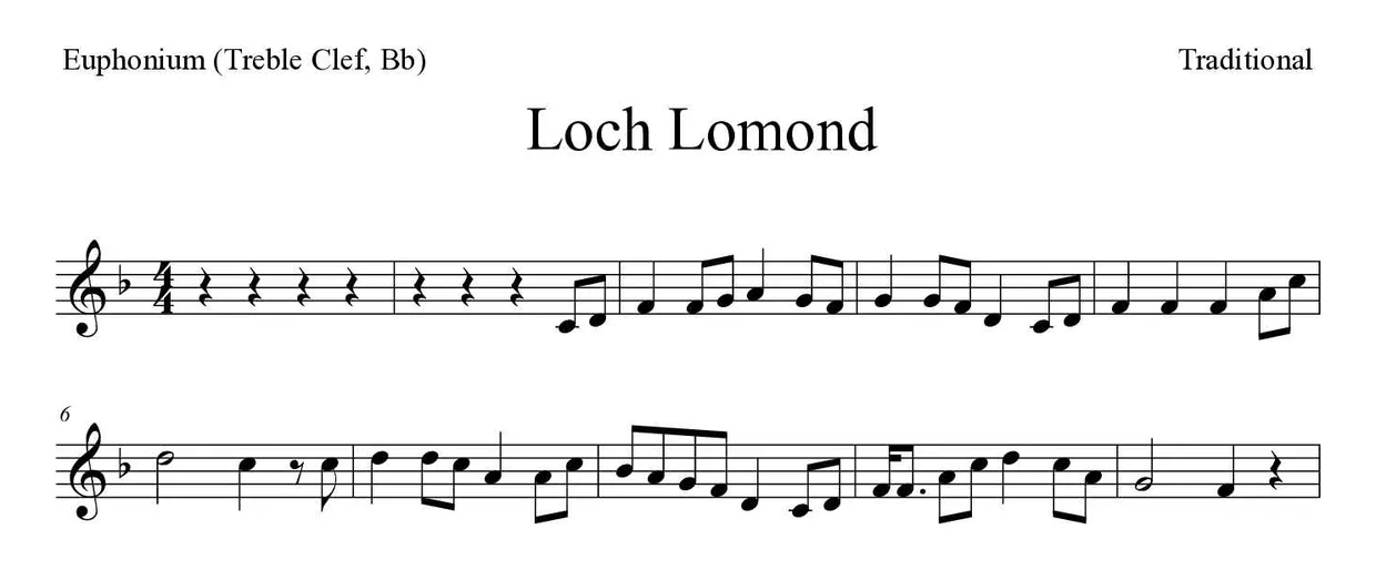 《Loch Lomond》上低音号（高音谱号，降B调）乐谱前几行