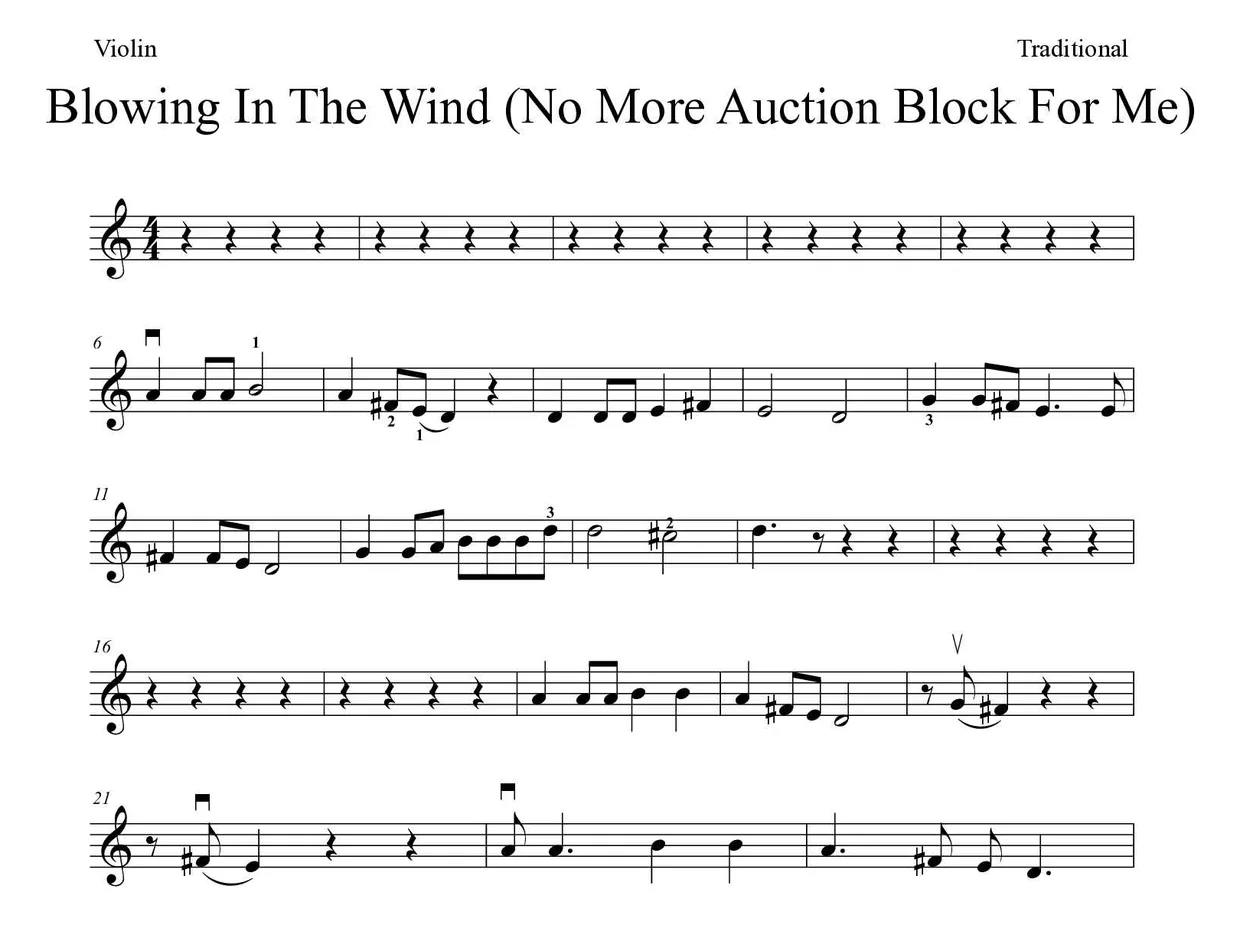 「Blowing In The Wind (No More Auction Block For Me)」Violin用楽譜の最初の数段