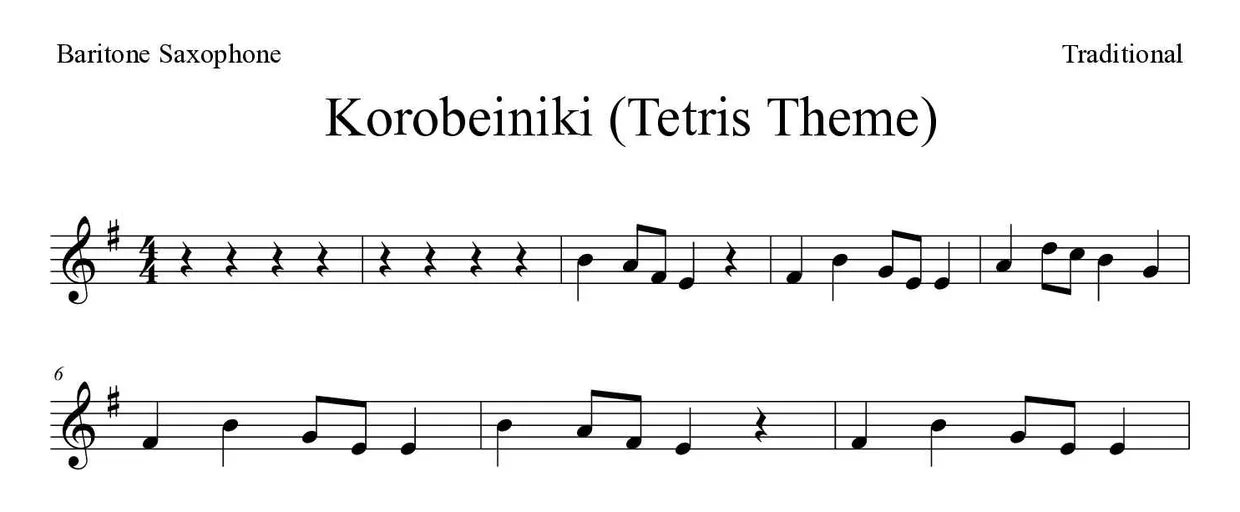 「Korobeiniki (Tetris Theme)」Baritone Saxophone用楽譜の最初の数段