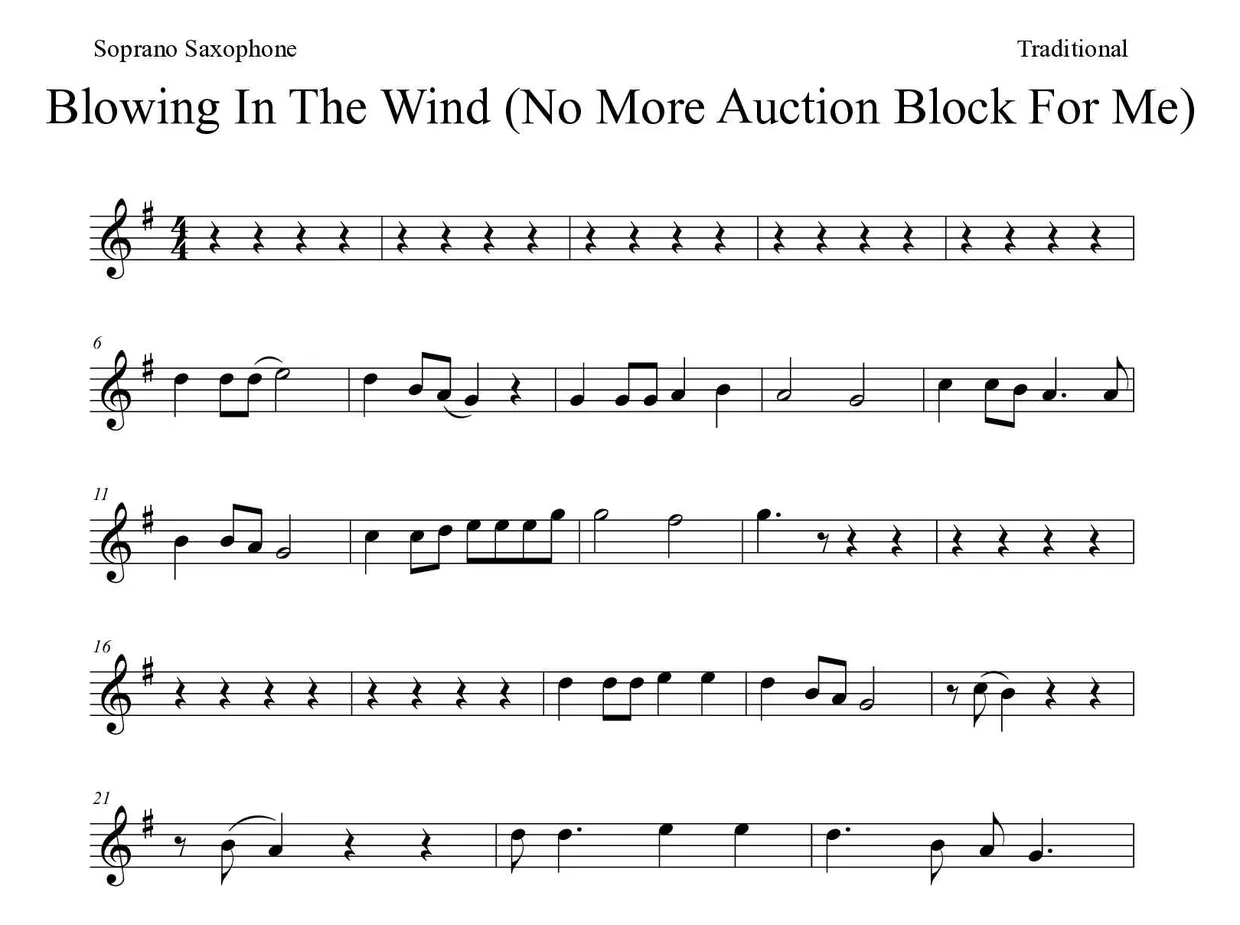 Partitura de Blowing In The Wind (No More Auction Block For Me) para saxofone soprano, primeiras linhas