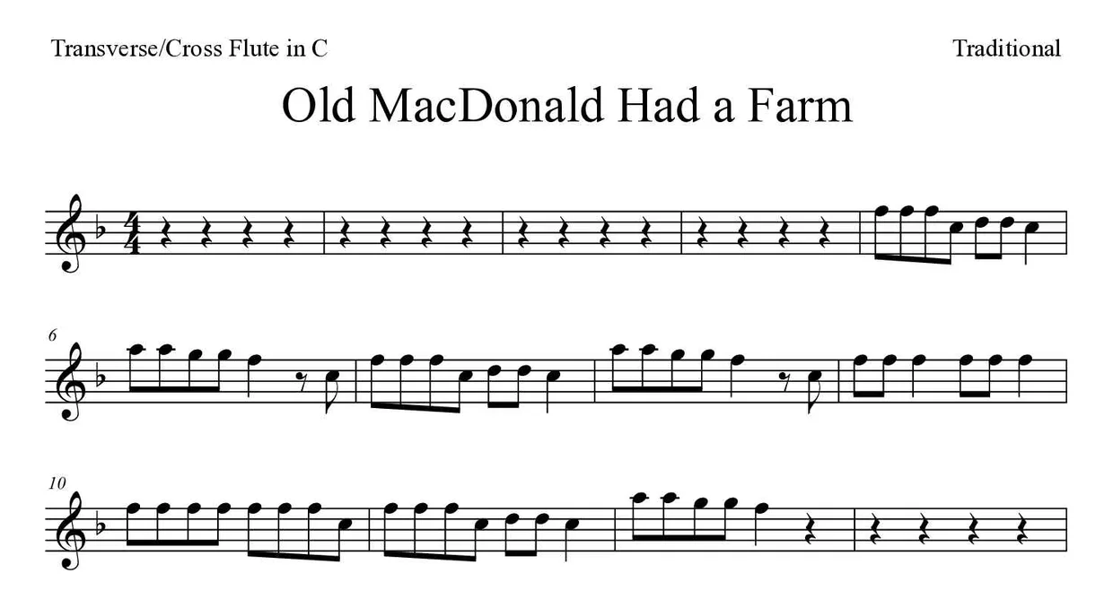 「Old MacDonald Had a Farm」Flute用楽譜の最初の数段
