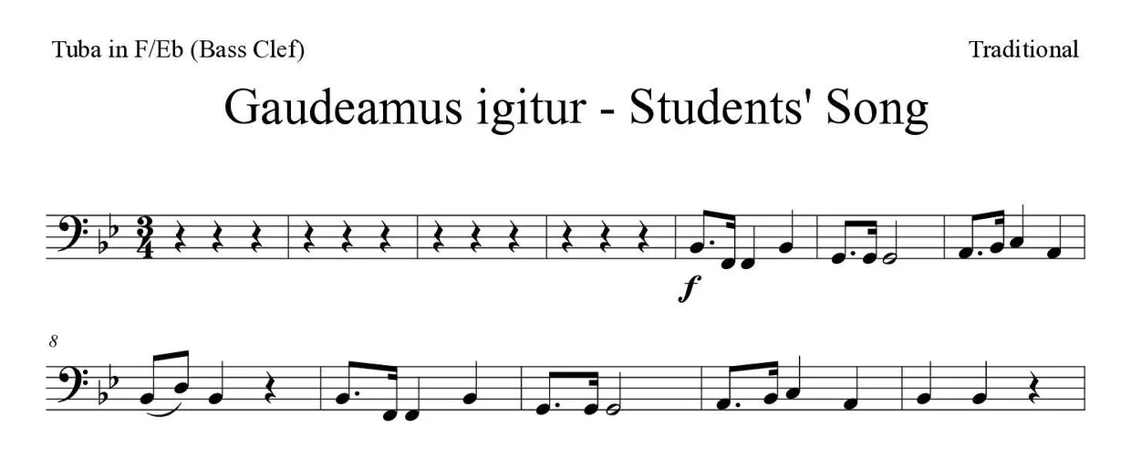 Spartito di Gaudeamus igitur - Students' Song per tuba in F/Eb (bass clef), prime righe