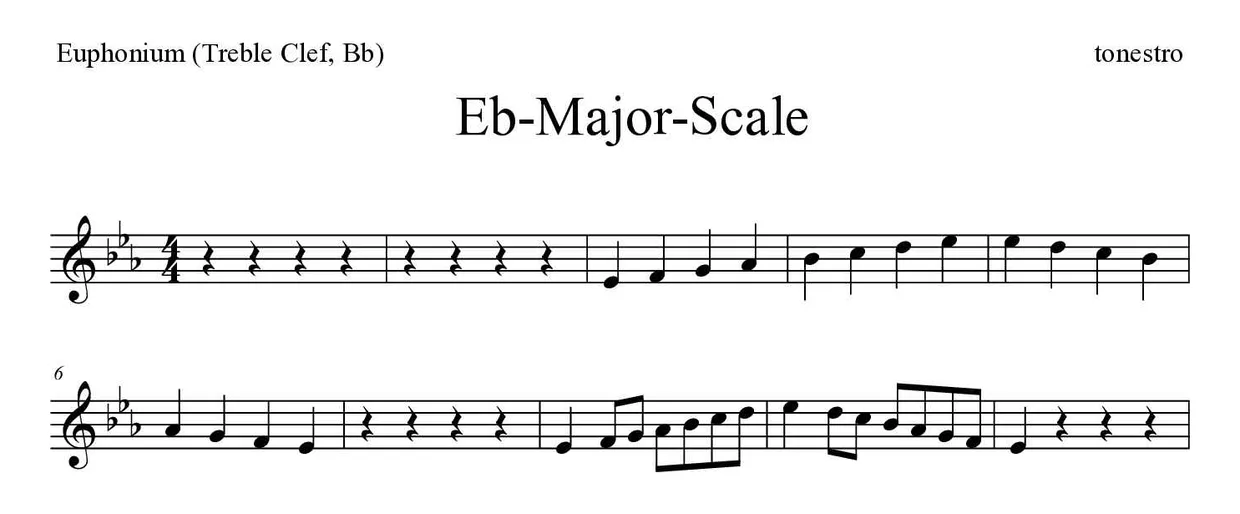 Partition de Eb-Major-Scale pour euphonium (clé de sol, si bémol), premières lignes