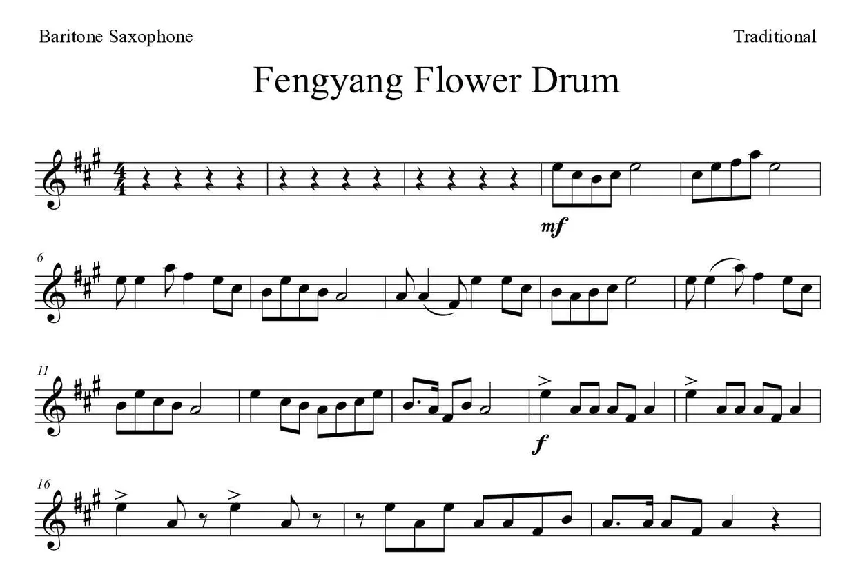 Partition de Fengyang Flower Drum pour saxophone baryton, premières lignes