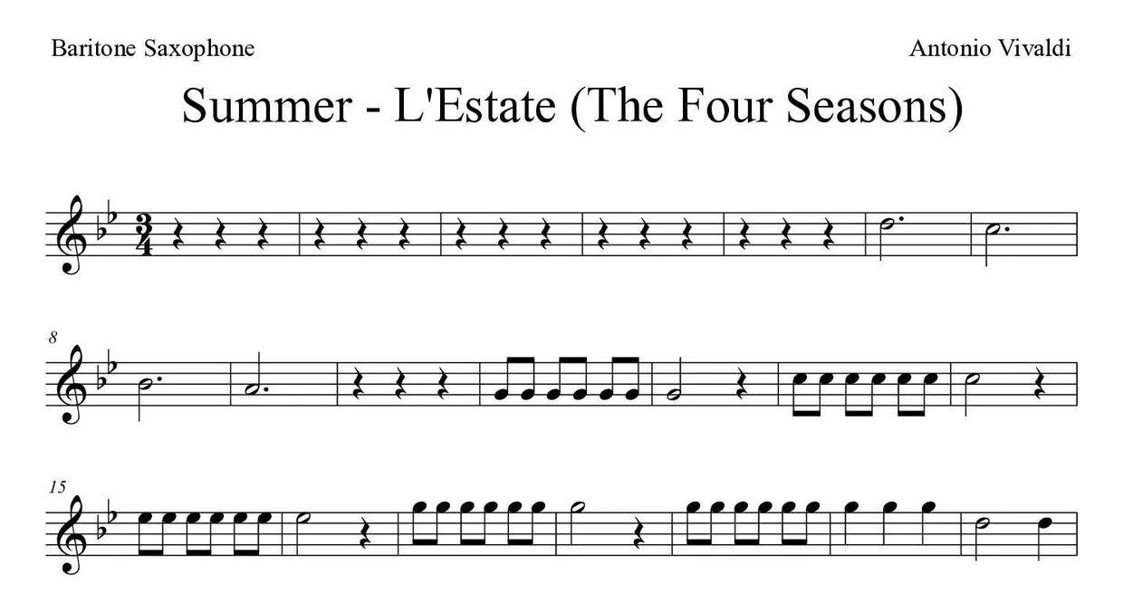 Sheet music of Summer - L'Estate (The Four Seasons) for baritone saxophone (Hard), first lines