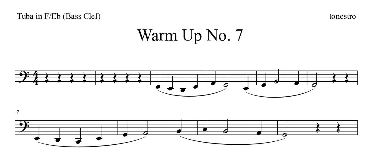 Partitura de Warm Up No. 7 para tuba en Fa/Mib (clave de Fa), primeras líneas