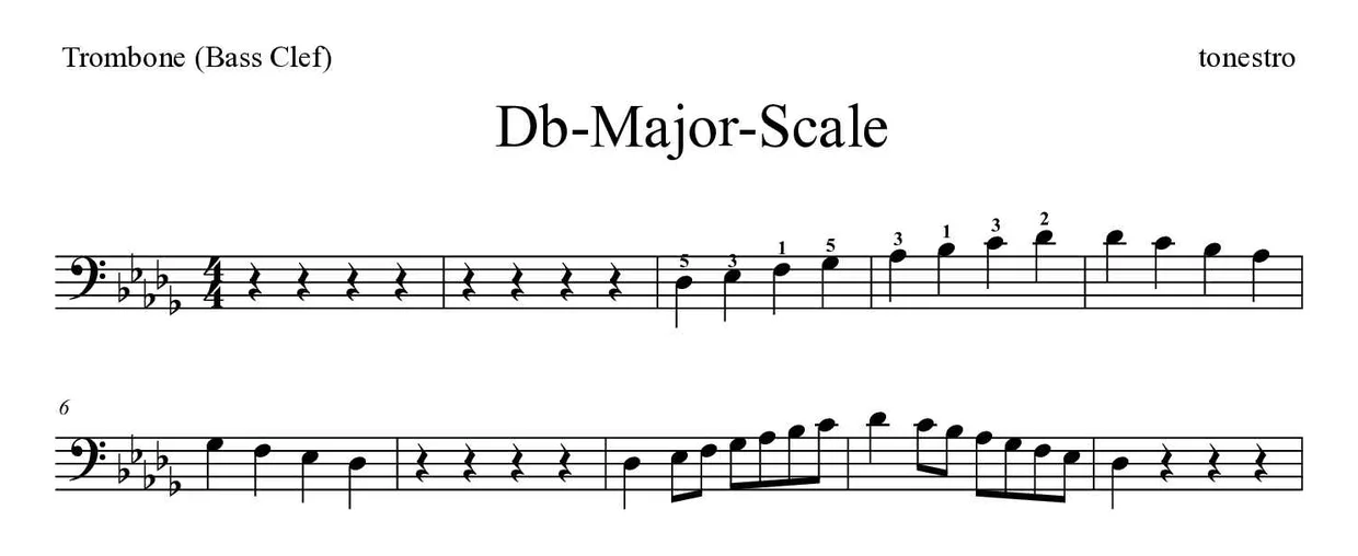 Partitura de Db-Major-Scale para trombón, primeras líneas