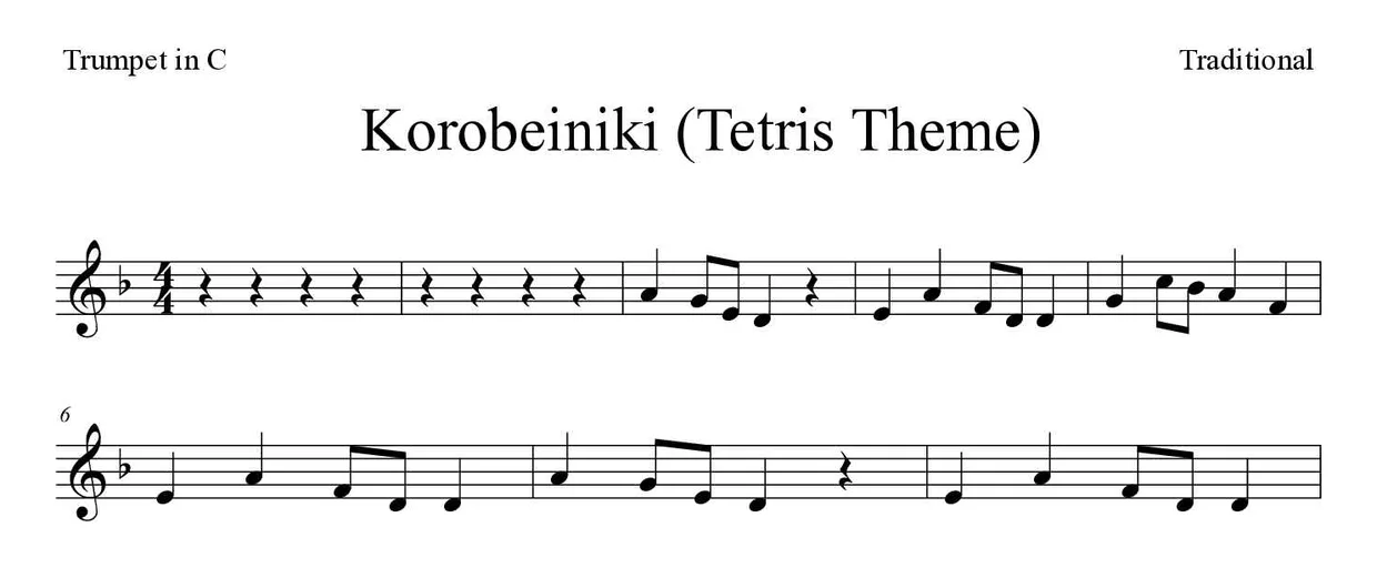 Sheet music of Korobeiniki (Tetris Theme) for trumpet in C (Easy), first lines