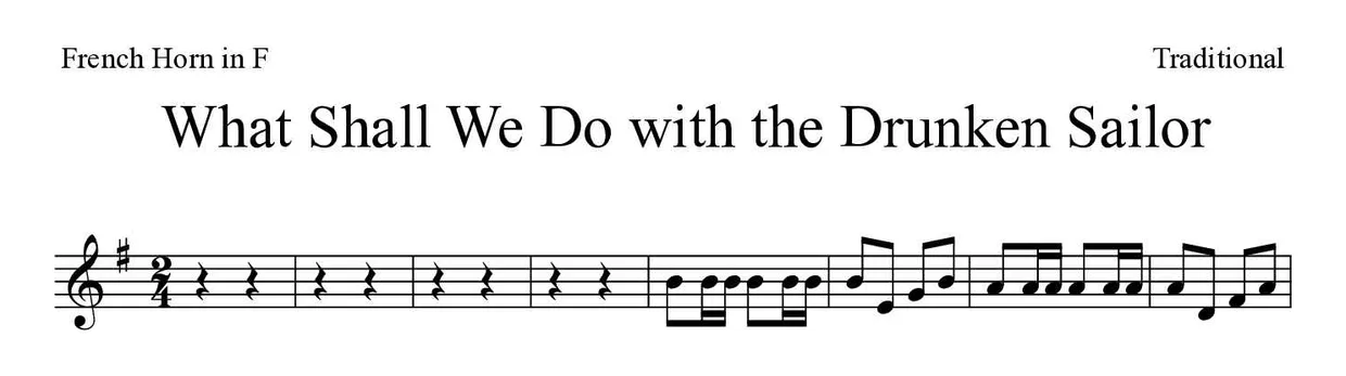 Partitura de What Shall We Do with the Drunken Sailor para trompa, primeiras linhas