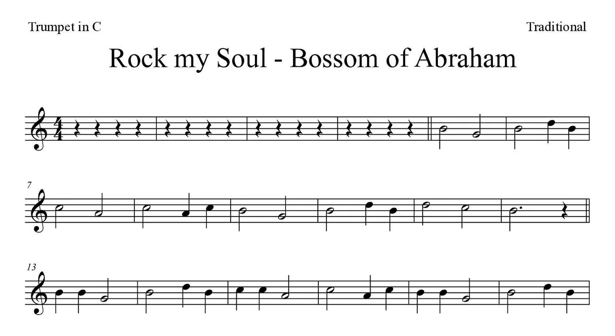 Sheet music of Rock my Soul - Bossom of Abraham for trumpet in C (Medium), first lines