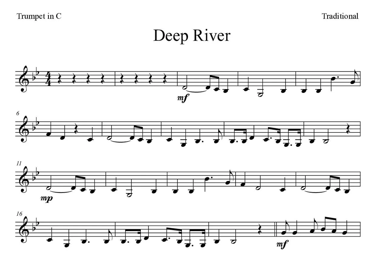 Spartito di Deep River per trumpet in C, prime righe