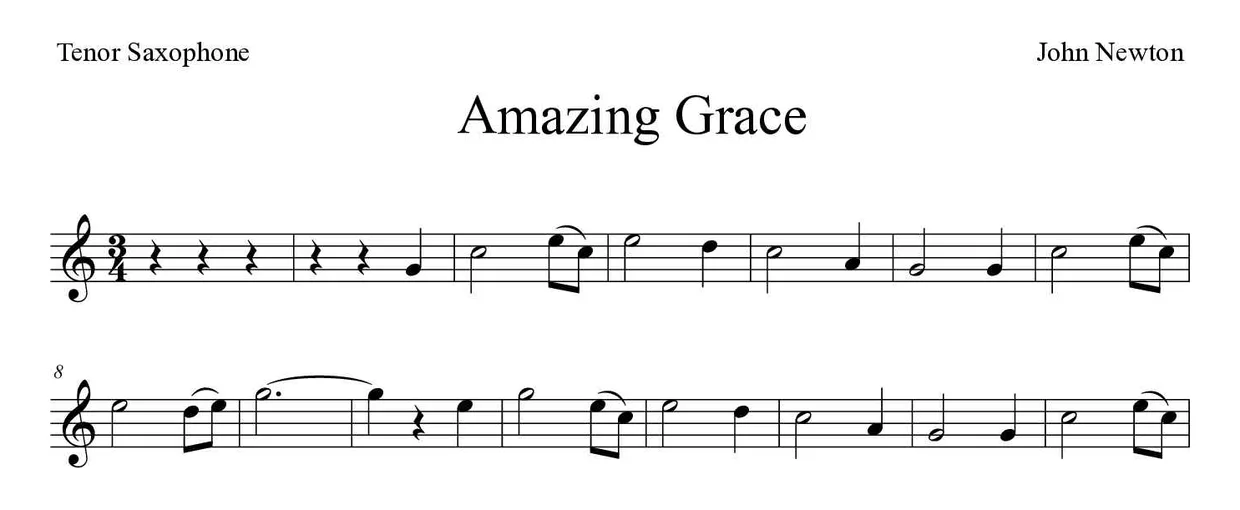 Spartito di Amazing Grace per tenor saxophone, prime righe