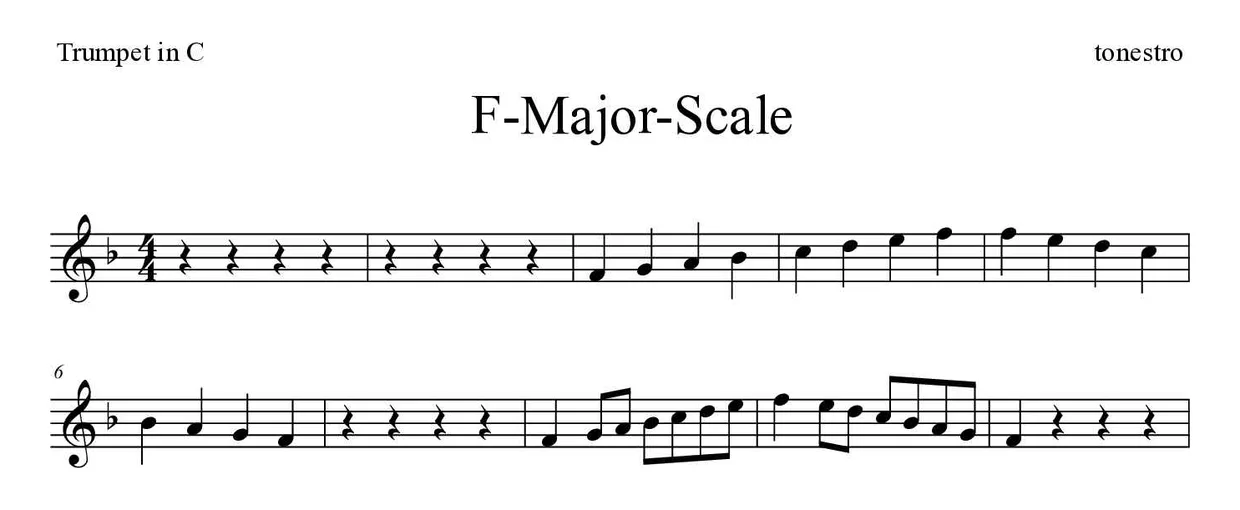 Noten von F-Dur-Tonleiter für Trompete in C (Schwer), erste Zeilen