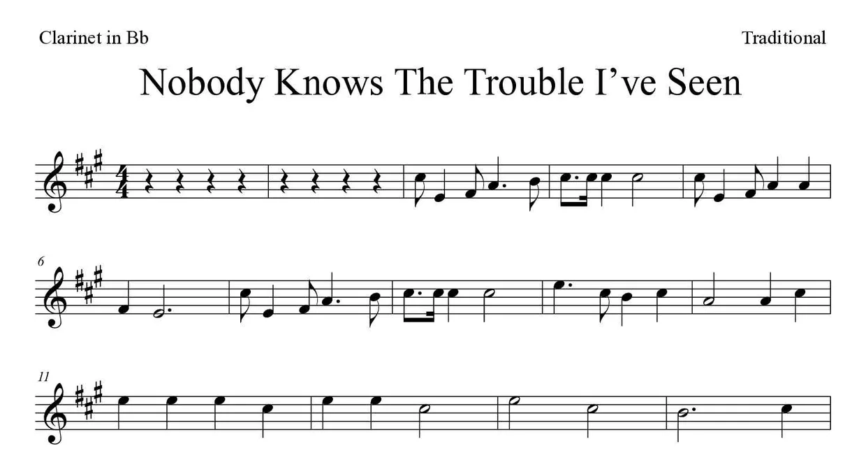 Noten von Nobody Knows The Trouble I’ve Seen für Klarinette (Schwer), erste Zeilen