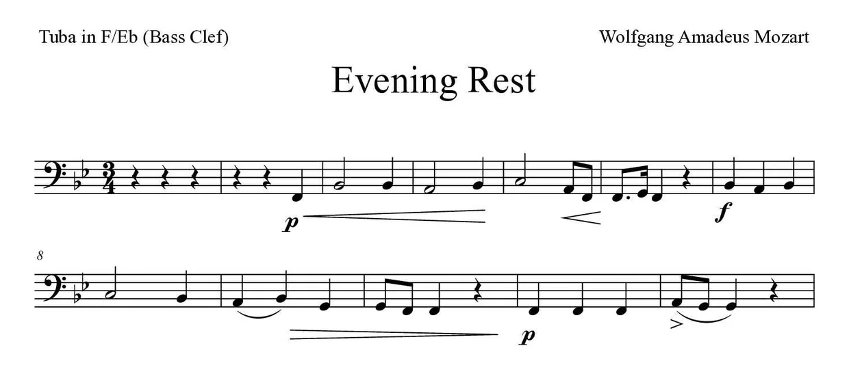 ‘Evening Rest’ Tuba in F/Eb (Bass Clef) 악보의 첫 몇 줄