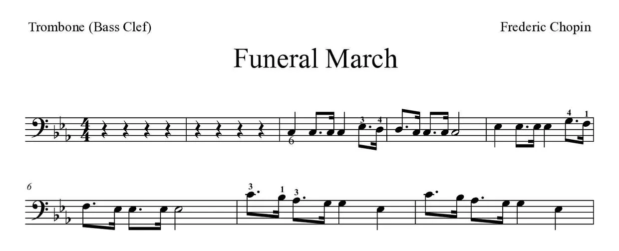 Sheet music of Funeral March for trombone (Medium), first lines
