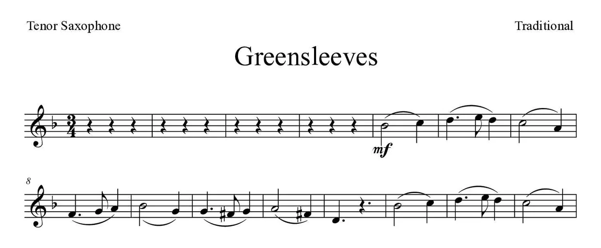 Partitura de Greensleeves para saxofone tenor, primeiras linhas