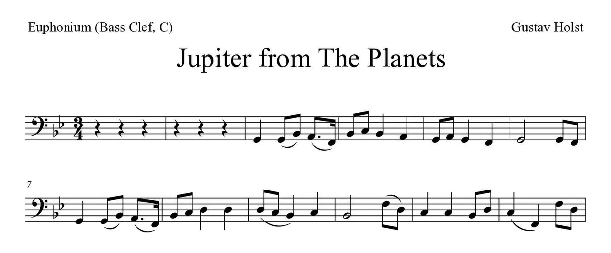Partition de Jupiter from The Planets pour euphonium (clé de fa, do), premières lignes