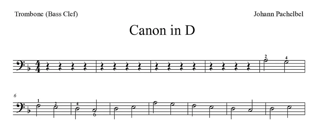 Spartito di Canon in D per trombone, prime righe