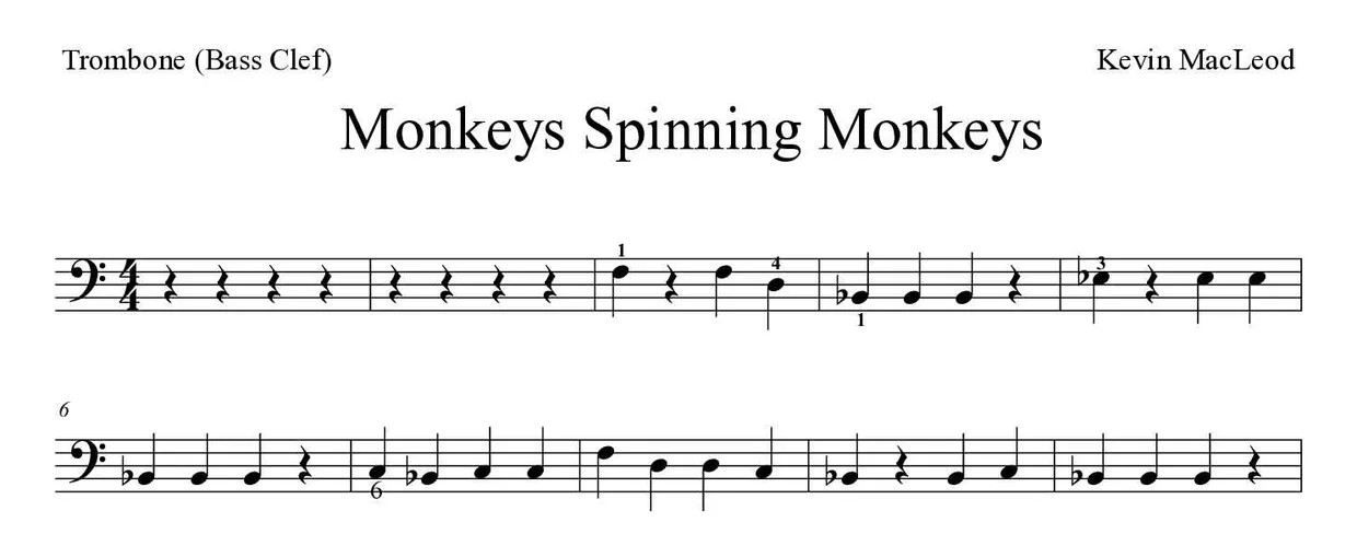 Partitura de Monkeys Spinning Monkeys para trombone, primeiras linhas