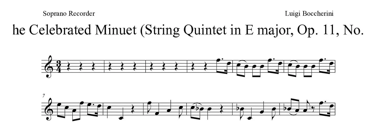 Sheet music of The Celebrated Minuet (String Quintet in E major, Op. 11, No. 5) for recorder (Medium), first lines