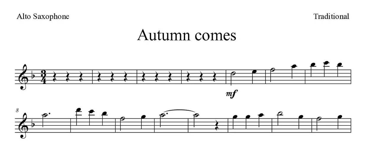 「Autumn comes」Alto Saxophone用楽譜の最初の数段