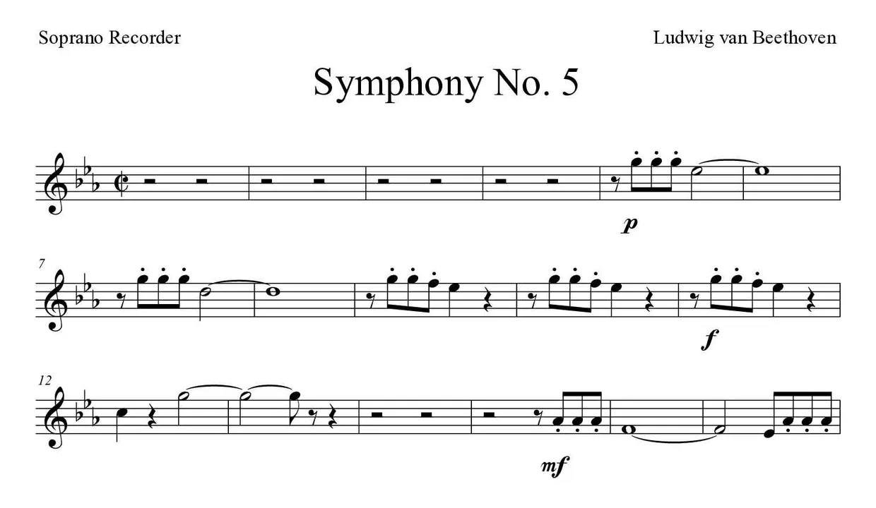 Partitura de Symphony No. 5 para flauta dulce, primeras líneas