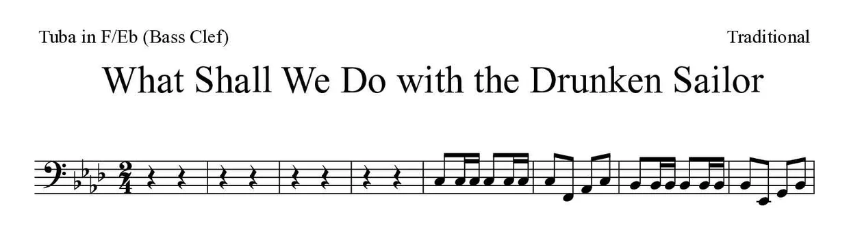 ‘What Shall We Do with the Drunken Sailor’ Tuba in F/Eb (Bass Clef) 악보의 첫 몇 줄