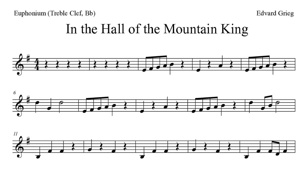 「In the Hall of the Mountain King」Euphonium (Treble Clef, Bb)用楽譜の最初の数段