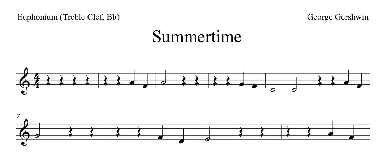 Partitura de Summertime para bombardino (clave de Sol, Sib), primeras líneas